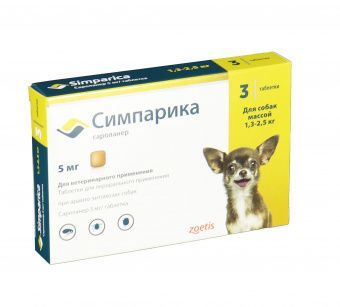 Zoetis Симпарика, жевательные таблетки для собак весом от 1,3-2,5кг, 5мг, 3 таб.