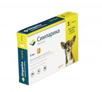Zoetis Симпарика, жевательные таблетки для собак весом от 1,3-2,5кг, 5мг, 3 таб.