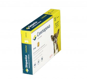 Zoetis Симпарика, жевательные таблетки для собак весом от 1,3-2,5кг, 5мг, 3 таб.